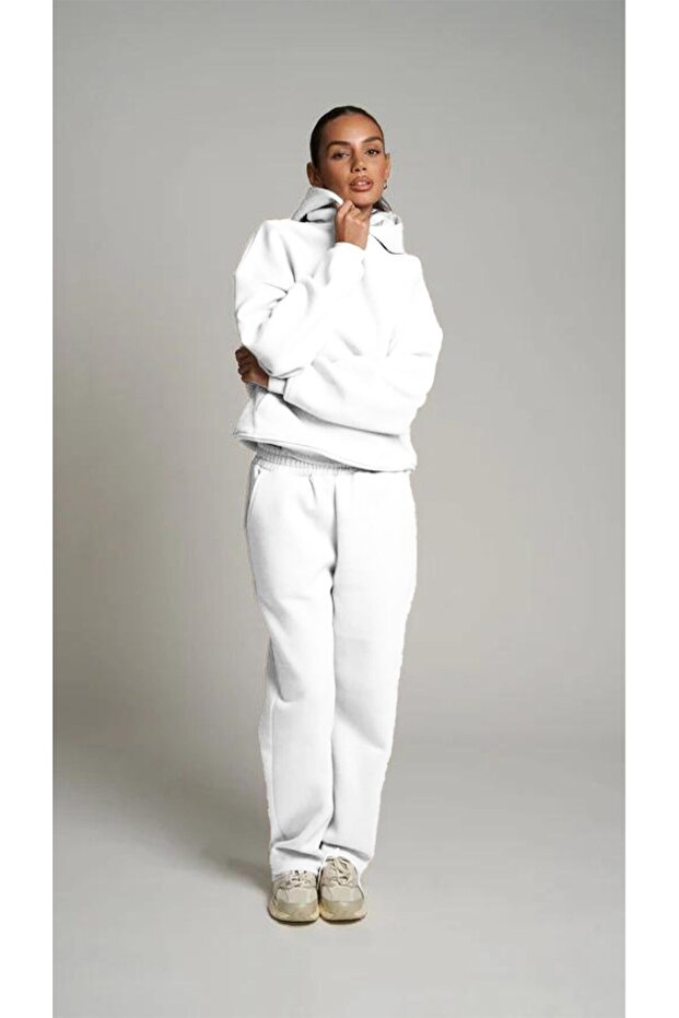 White Hooded Basic Elastic Waist Pipe Oversize Tracksuit Set with Pockets