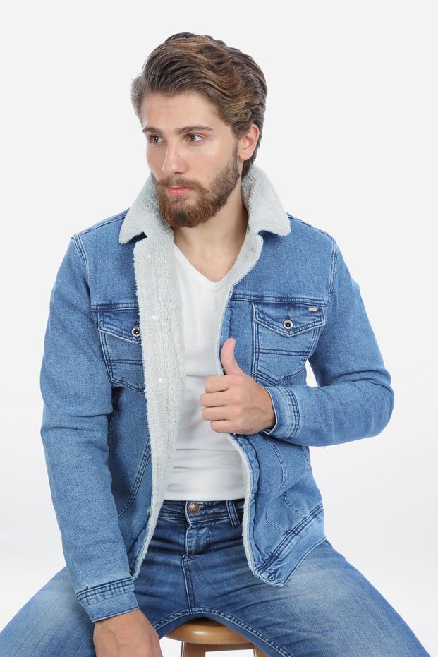 Light Blue Men's Denim Coat with Fur Inside