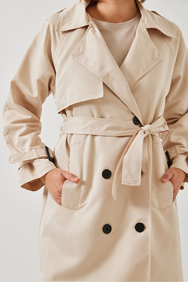 Damski dwurzędowy płaszcz typu trencz z przodu Aller Detailed 8118 60451015 - 4