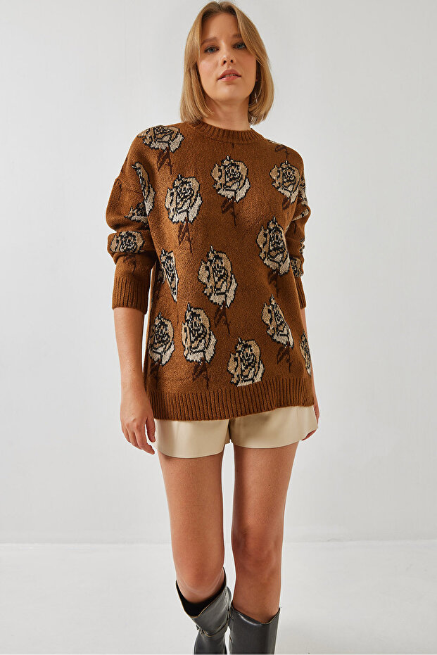 Women's Brown Crew Neck Rose Patterned Knitwear Sweater 20246257