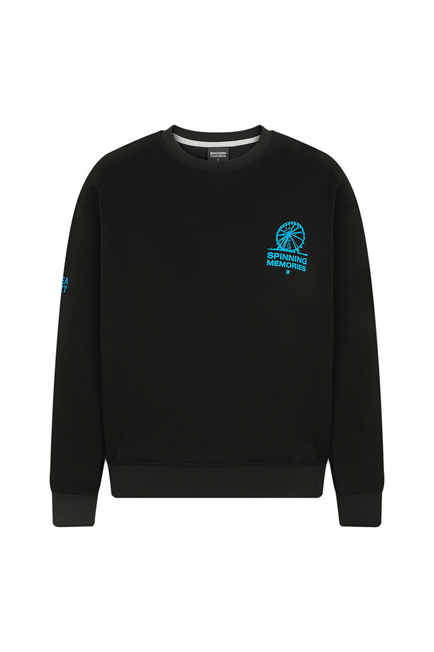 Eazy Spinning Memories Oversize Siyah Unisex Bisiklet Yaka Kalın Sweatshirt - 2