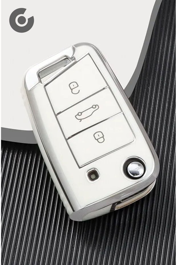 Volkswagen Compatible Polo, Golf, T-Roc, T-Cross, Passat, Jetta, Taigo, Tiguan Silver Edge Tpu Key Case Cover (White)