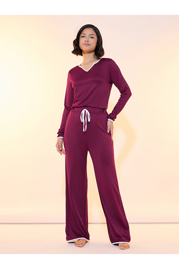 طقم بيجامة وقميص بحواف متباينة اللون - 2