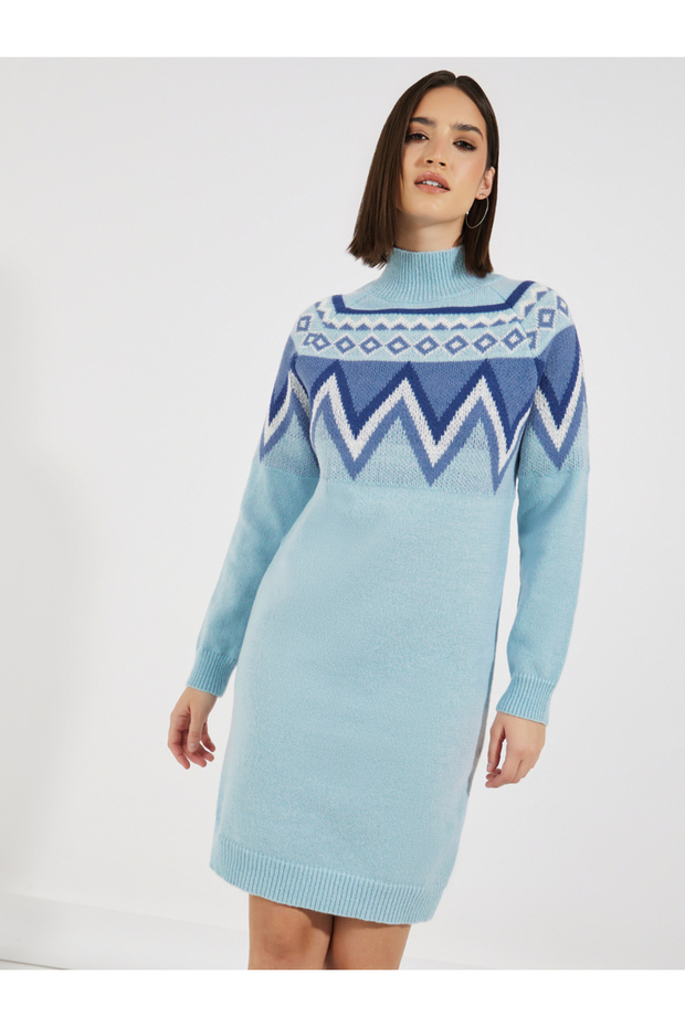 Printed Panel Sweater Knee Length Dress