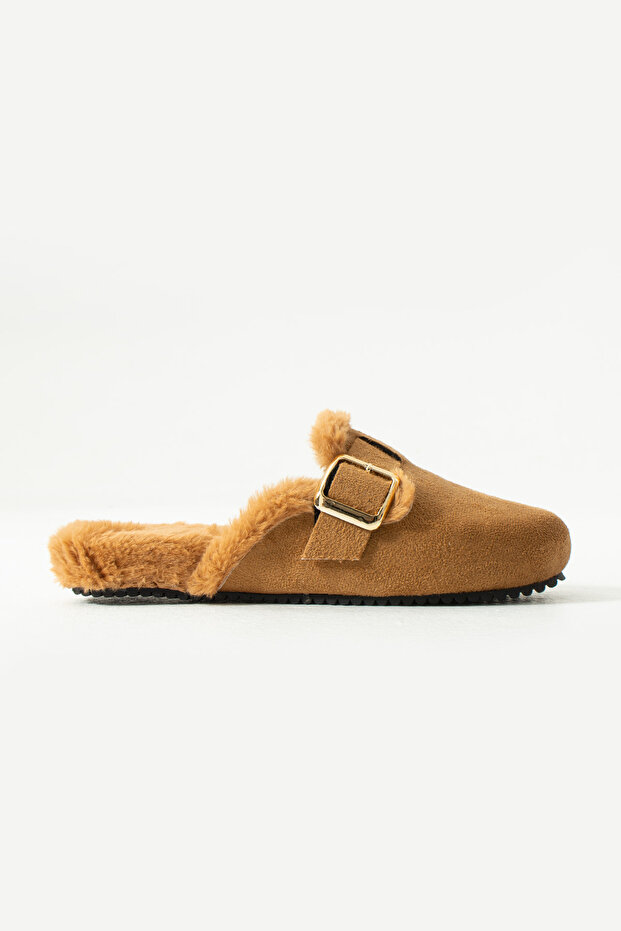 Tan Suede Buckle Plush Inside Slippers - 1