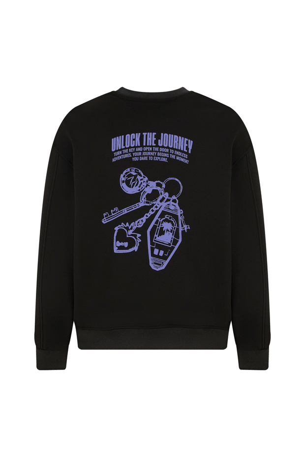 Eazy Unlock the Journey Oversize Siyah Unisex Bisiklet Yaka Kalın Sweatshirt - 1