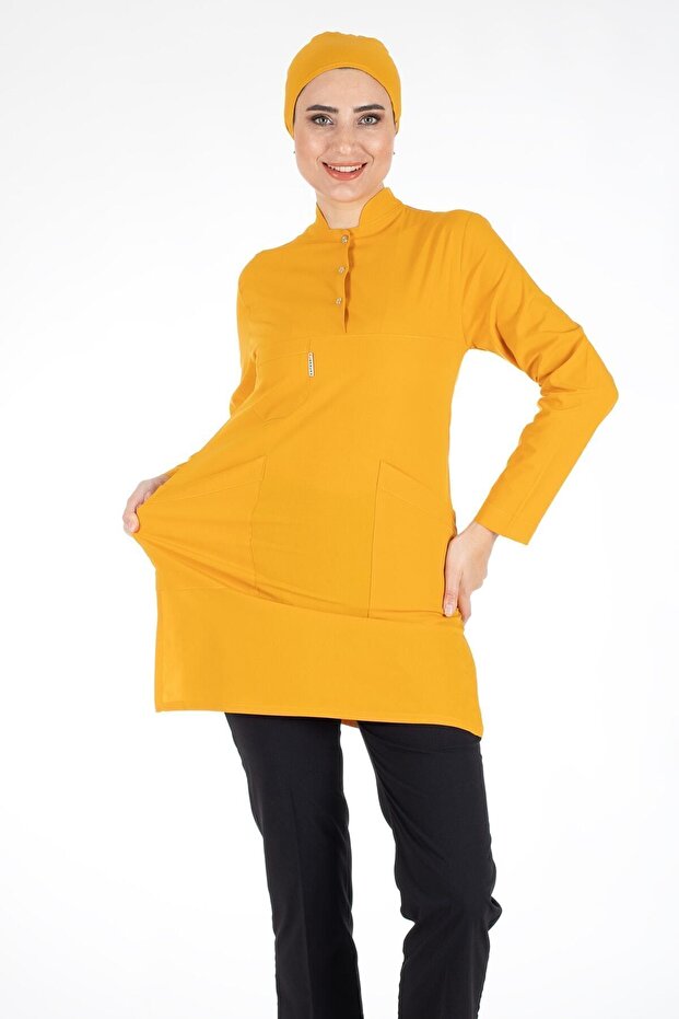Mustard/black Thin Fabric Lycra Hijab Nurse Jersey And Hijab Doctor's Jersey Set