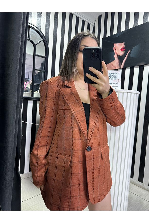 taba ceket, taba ekose tek düğme blazer ceket - 3