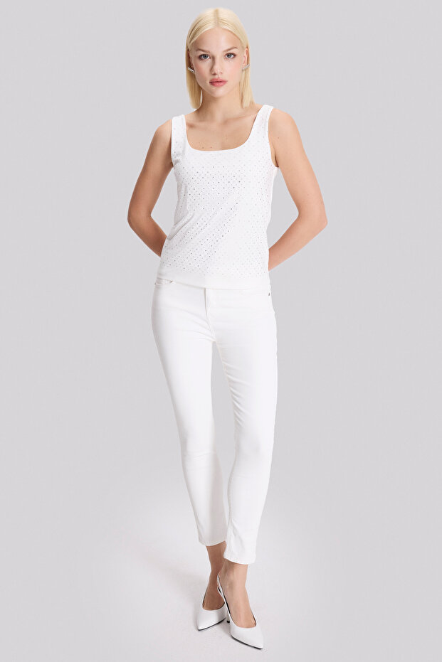 Kare Yaka Taş Detaylı Örme Bluz - 2