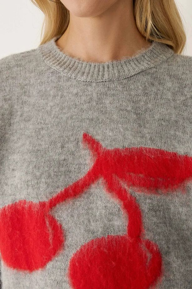Relaxed Fit Cherry Desenli Triko Kazak - 5