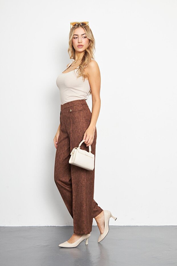 Cep Detay Yünefekt Pantolon Kahve - 1