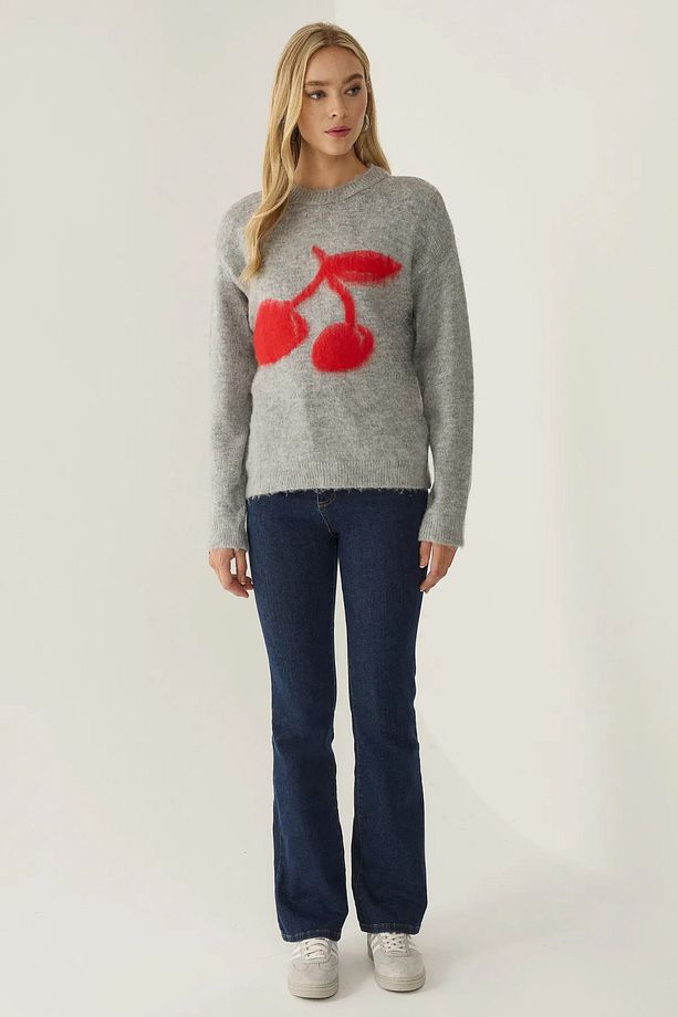 Relaxed Fit Cherry Desenli Triko Kazak - 3