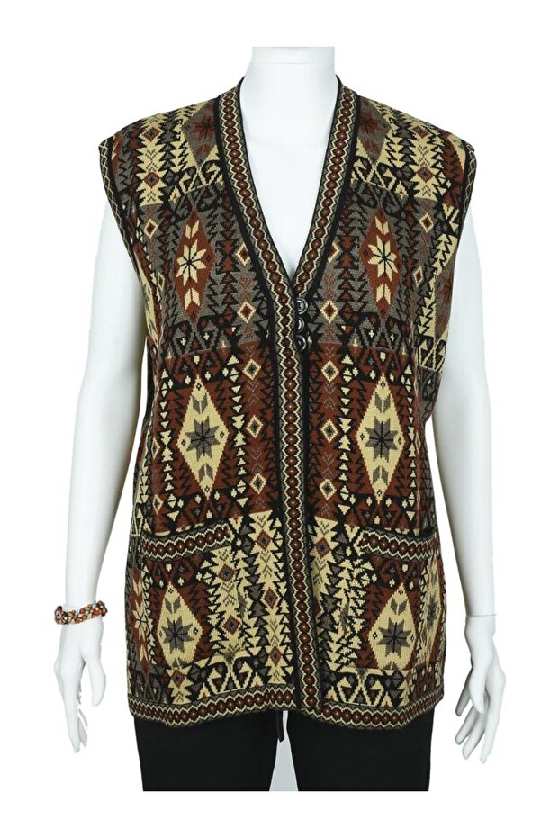 Kilim Patterned Three Button Red Color Women's Knitwear Vest