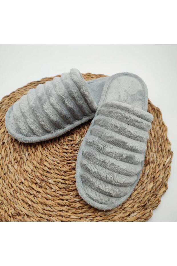 Gray Striped Fluffy Women's Slippers