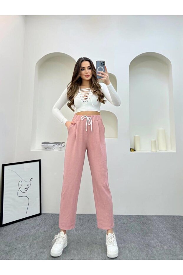 Powder Color Linen Fabric Carrot Model Trousers