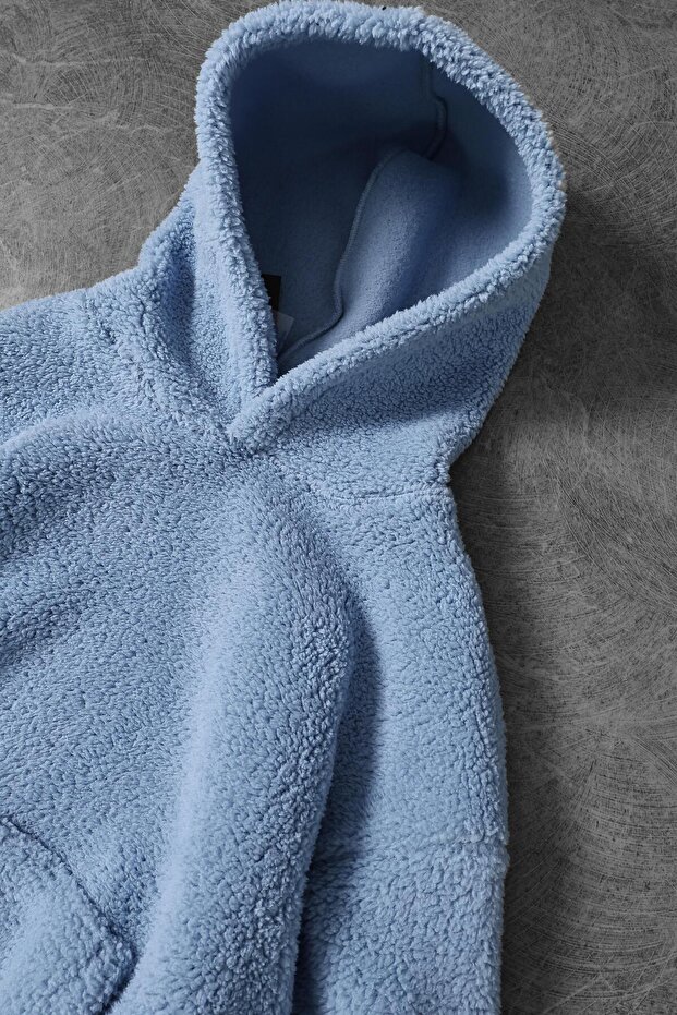 Men's Blue Basic Plush Sweatshirt - 2
