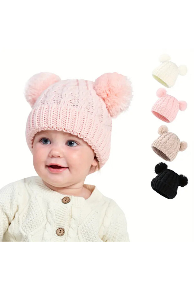 Çift Pomponlu Rahat Örgü Bebek ve Çocuk Bere - 6