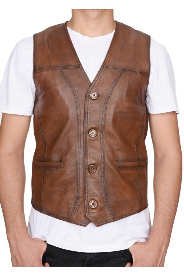 Sports Cut Tan Color Men's Leather Vest with Belt Back