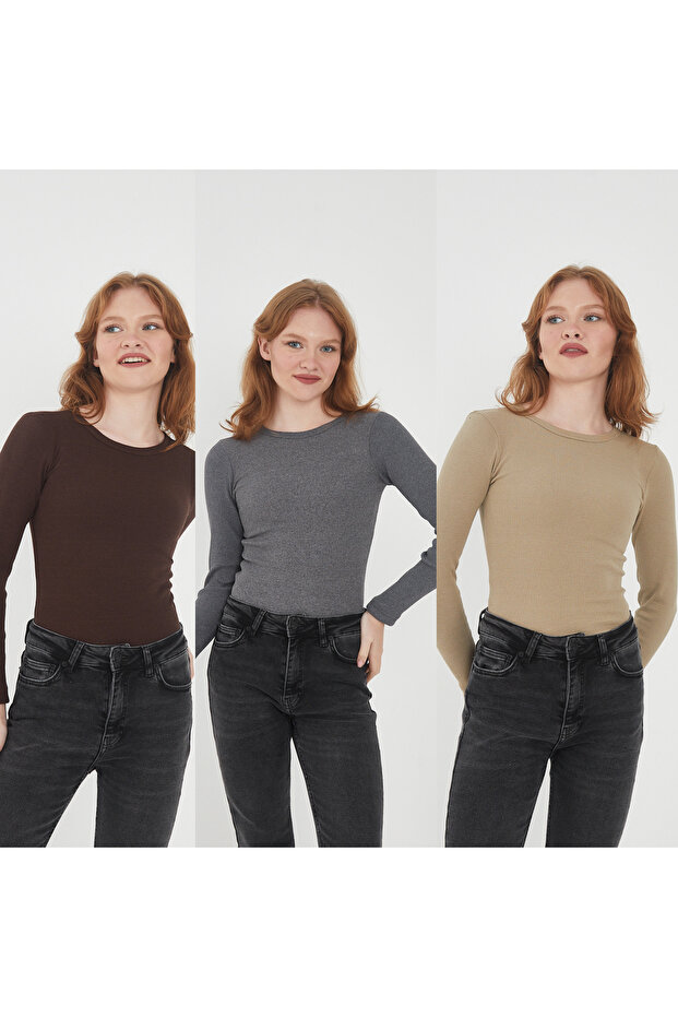 Women's 100% Cotton 3-Piece Crew Neck Long Sleeve Ribbed Blouse Set