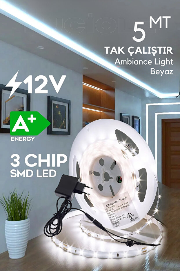 Şerit Led 5 Metre Beyaz Işık 3 Çipli Pro Ambiyans Aydınlatma Mutfak Salon Yatak Odası lambader - 1
