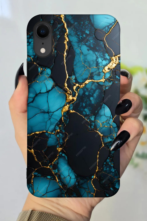 جراب سيليكون متوافق مع هاتف Apple iPhone XR مطبوع عليه HD+ باللونين الأزرق والأسود