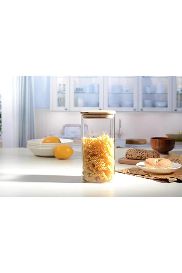 SQUARE BORO GLASS JAR W/BAMBOO LID 2L
