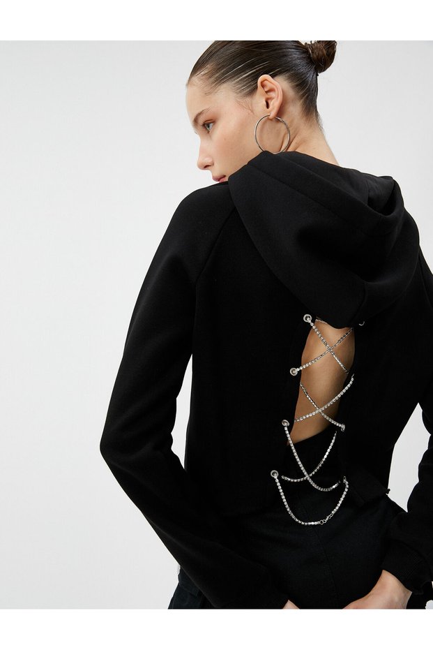 Hooded Sweatshirt with Cross Tie on the Back and Stone Chain Detail Long Sleeve