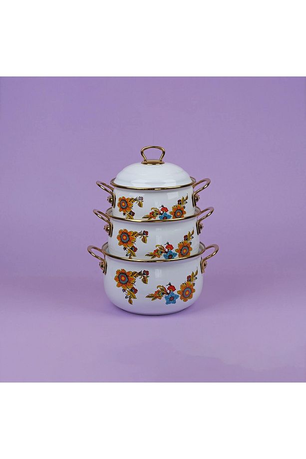 Lorena Beyaz 6 Parça Küçük Emaye Tencere Takımı 20cm - 18cm - 16cm - 4