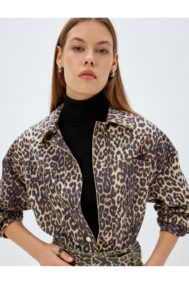 Leopard Seasonal Jacket Shirt Collar Pocket Snap Button