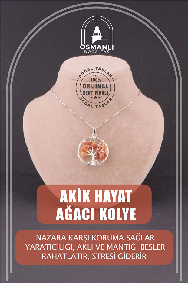 Certified Agate Natural Stone Tree of Life Pendant with Silver Chain - M389