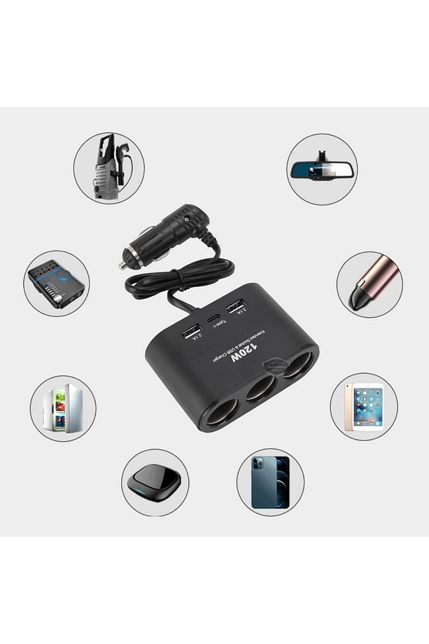 Üniversal 3 Lü Çakmak Soketi 120w Çakmaklık Çoğaltıcı 2 Usb 1 Type-c Araç Şarj Cihazı Çakmaklık Şarj - 4