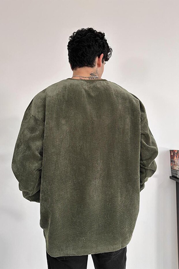 Haki Fitilli Kadife Basic Sweat - 2