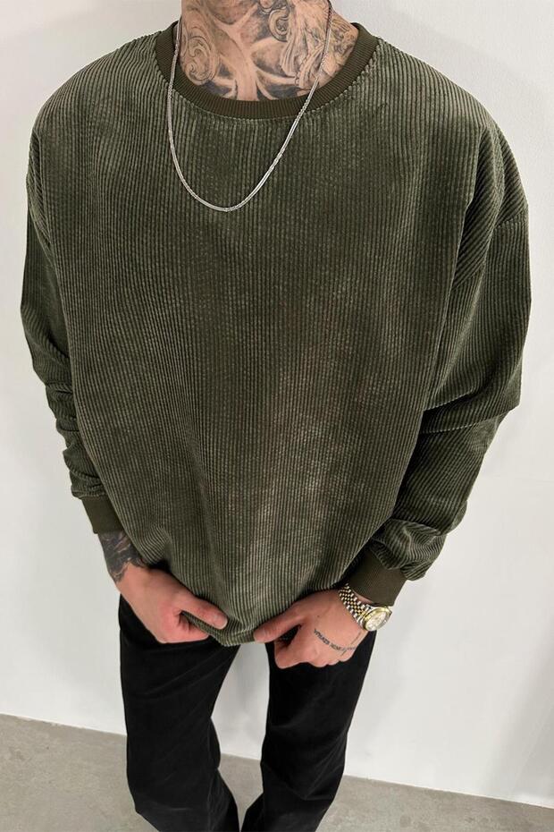 Haki Fitilli Kadife Basic Sweat - 1