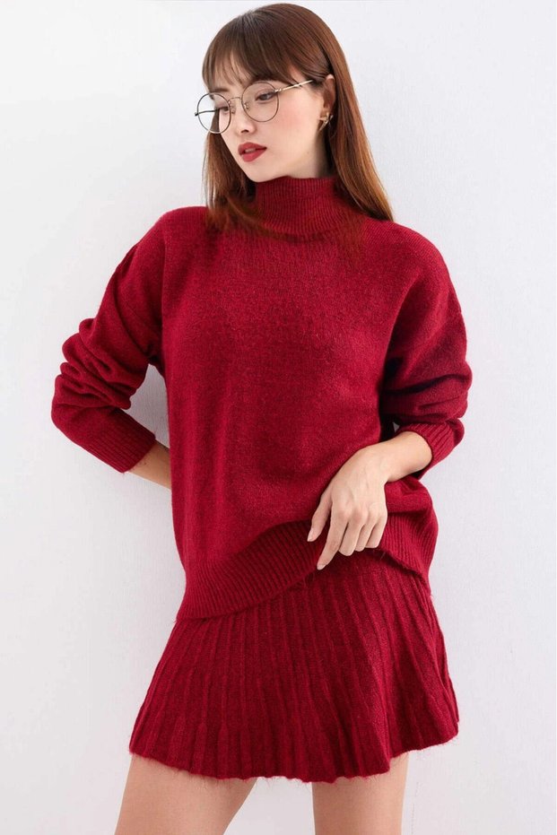 Women's Burgundy Sweater Skirt Knitwear Double Suit Hzl25W-Bd 1102641