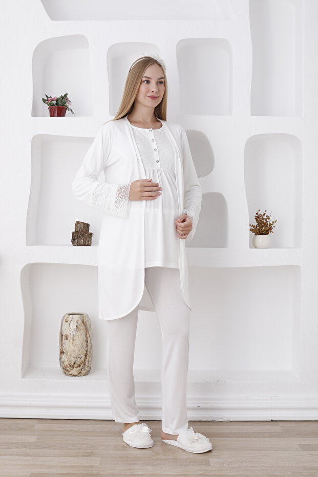 Maternity/Lactation Buttoned Pajamas and Dressing Gown Set / Autumn & Winter Season - Slippers and Crown Gift