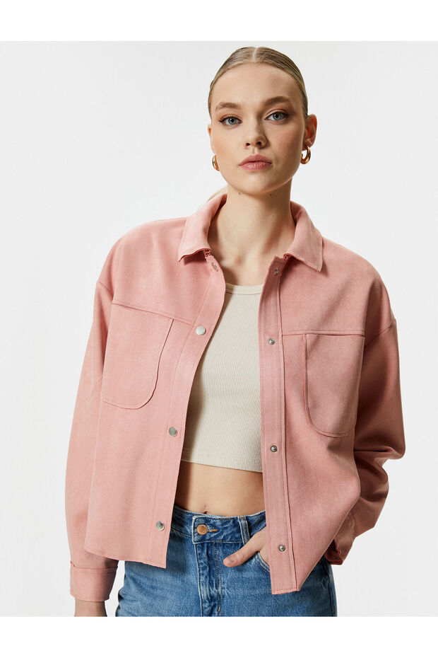 Suede Jacket Snap Button Classic Collar Pocket