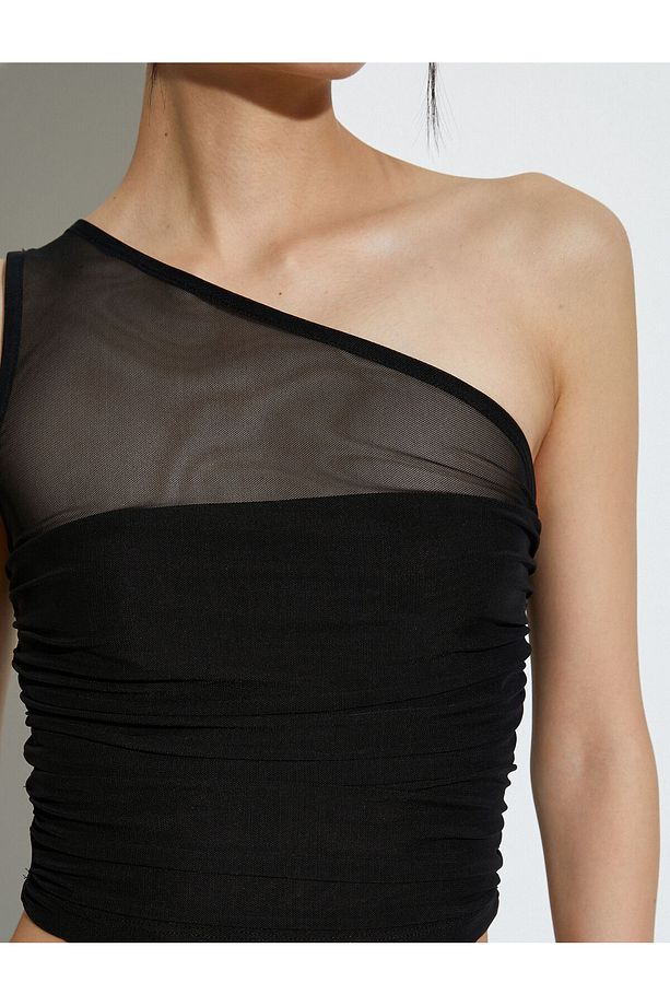 Tek Omuz Crop Üst Tül Detaylı Drapeli - 5