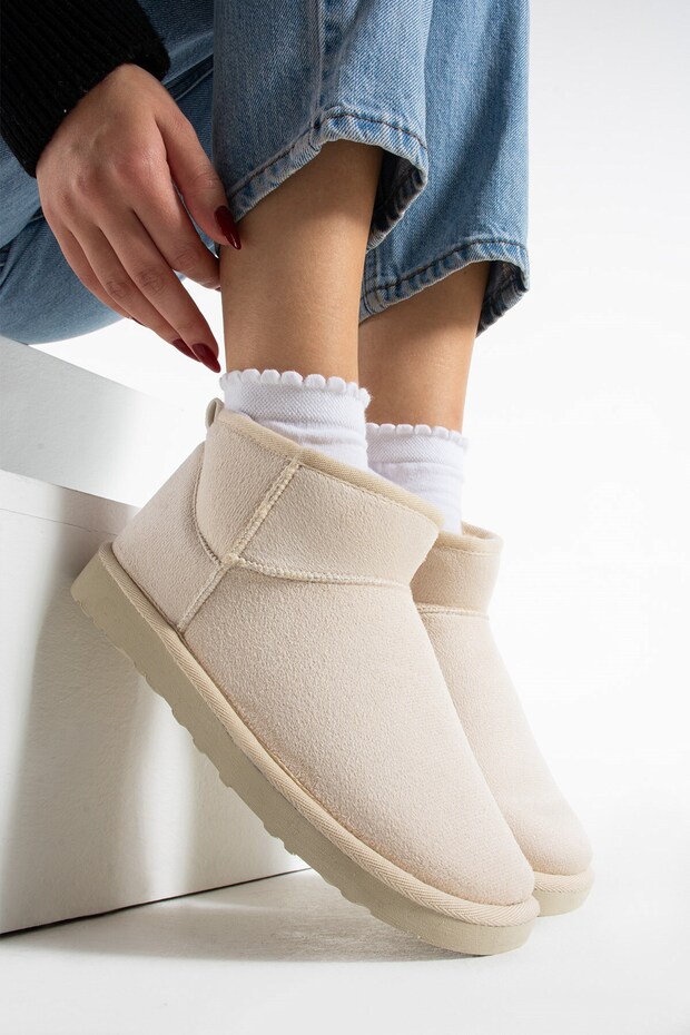 Liana Cream Suede Thin Sole Women's Boots with Fur Inside