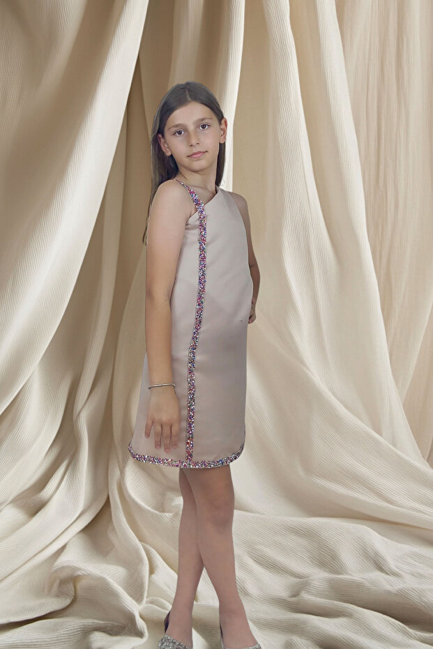 Kız Çocuk Bej Tek Omuz Taşlı Şerit Detaylı Abiye - 6