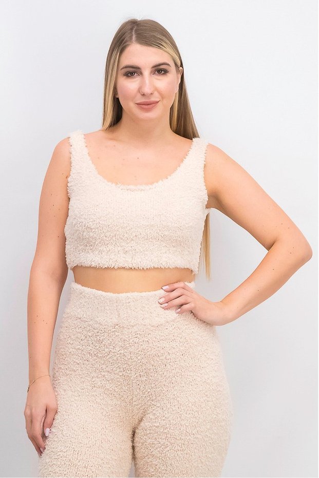 Women Round Neck Textured Sleeveless Crop Top, Pale Pink