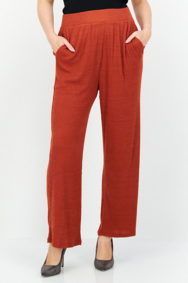 Women Regular Fit Plain Wide Leg Pant, Brown