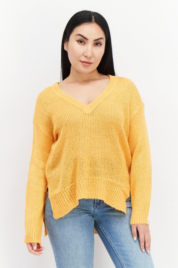 Women V Neck Long Sleeves Knitted Sweater, Orange