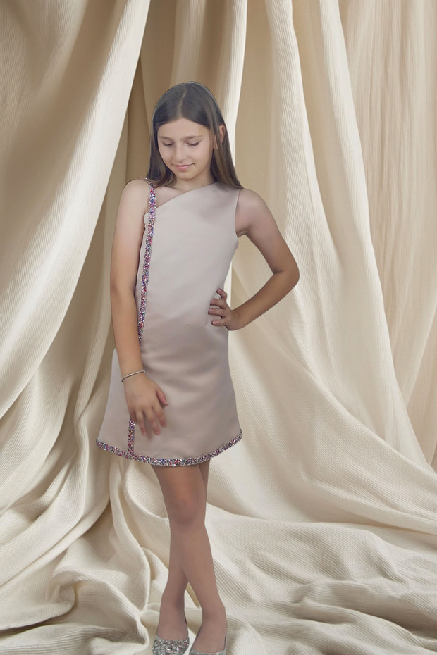 Kız Çocuk Bej Tek Omuz Taşlı Şerit Detaylı Abiye - 3