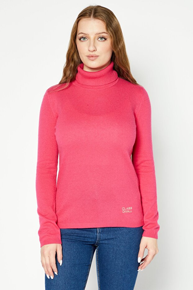 Women High Neck Long Sleeve Brand Logo Sweater, Pink