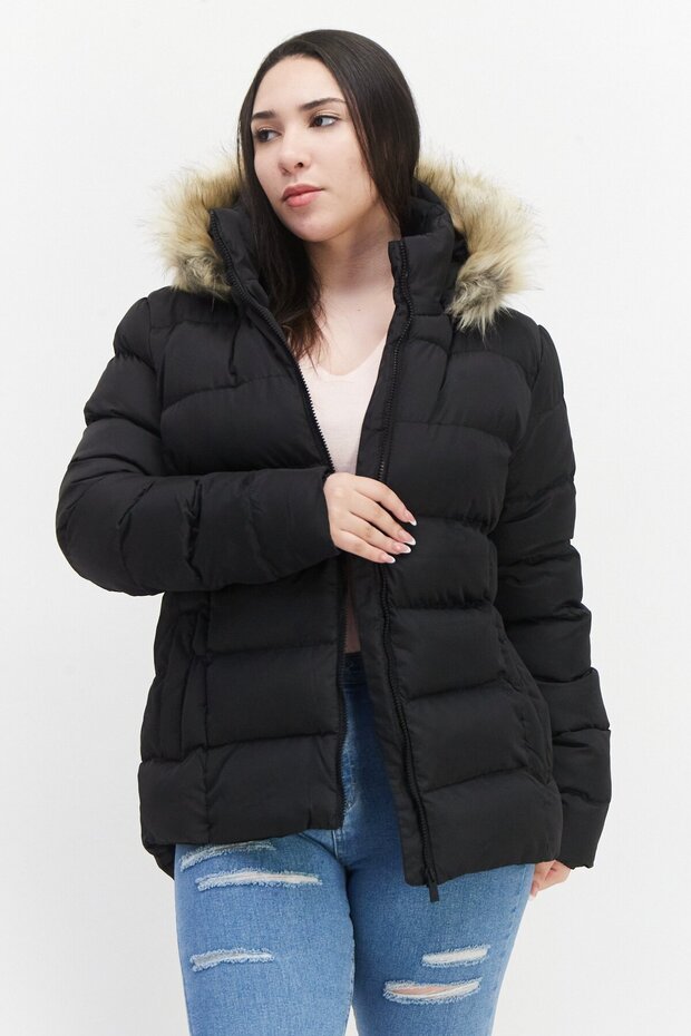 Women Solid Puffer Jacket, Black - 1