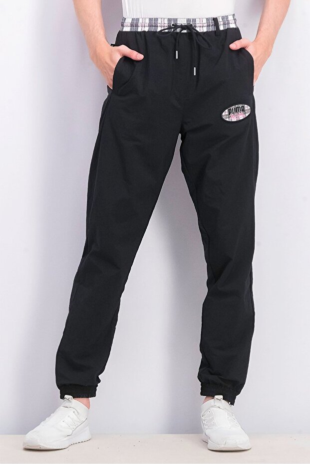 Men Regular Fit Solid Brand Logo Pants, Black - 1