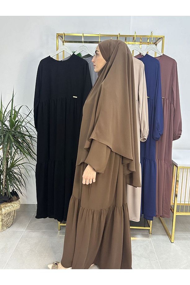 Ferace & Abaya SUFLE EŞARP ve İKİ KAT BÜZGÜLÜ ELBİSE TAKIM.HİJAB .hac Ve Umre Için Uygundur kahve - 6