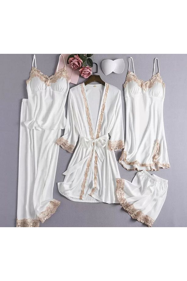 5 Parça Pijama Şort Gecelik Sabahlık Takım - 1