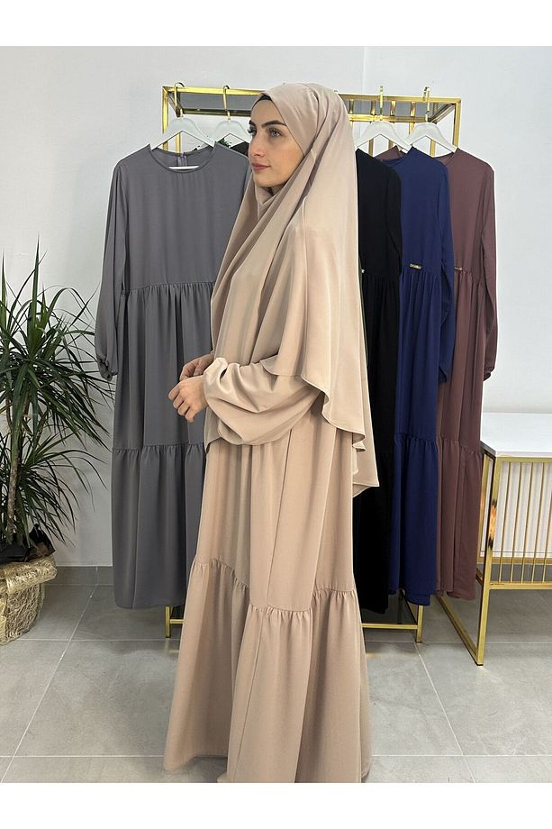 Ferace & Abaya SUFLE EŞARP ve İKİ KAT BÜZGÜLÜ ELBİSE TAKIM.HİJAB .hac Ve Umre Için Uygundur bej - 3