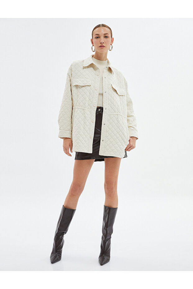 Quilted Jacket with Snap Buttons Shirt Collar Pocket Detailed